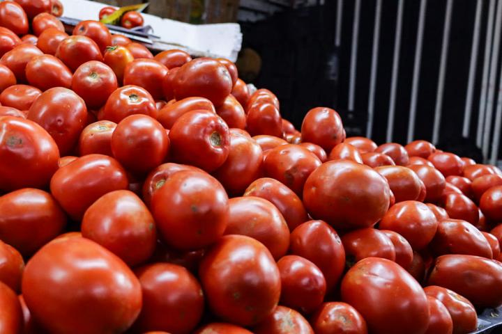 Montaña de tomates en un puesto de un mercado