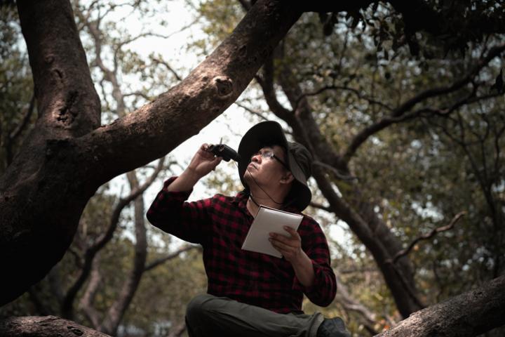Imagen de archivo de un investigador en un bosque.