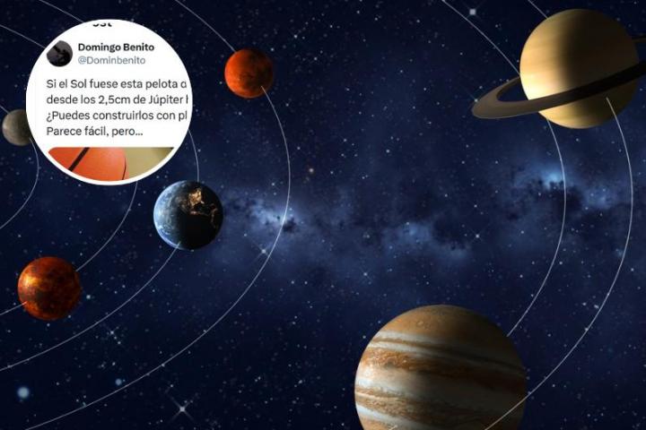 Montaje del Sistema Solar y el tuit de Domingo Benito.