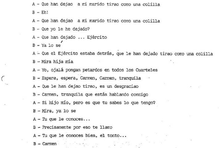 Transcripción de una de las muchas conversaciones de la mujer de Tejero el 23-F.