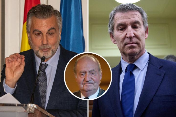Combo de imágenes del periodista Carlos Alsina y el líder del Partido Popular, Alberto Núñez Feijóo; con un detalle del rey emérito en el círculo.