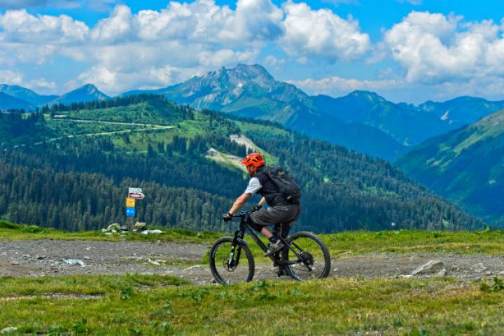 Mountain biker on an alpine downhill trail in the Chablais Geopark, Montriond, Chablais Alps, France. (Photo by: Gunter Fischer/UCG/Universal Images Group via Getty Images)