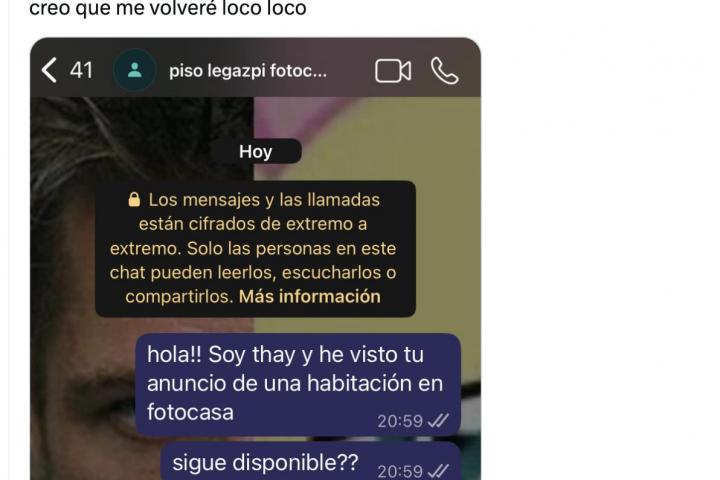 @catboybait muestra un mensaje de whatsapp que mandó para encontrar piso en Madrid