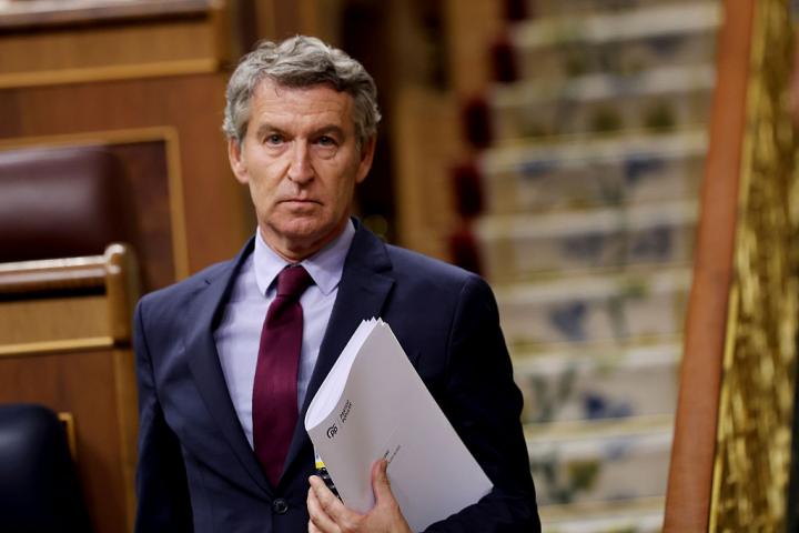 El líder del Partido Popular, Alberto Núñez Feijóo, en el Congreso, el 8 de julio de 2025.