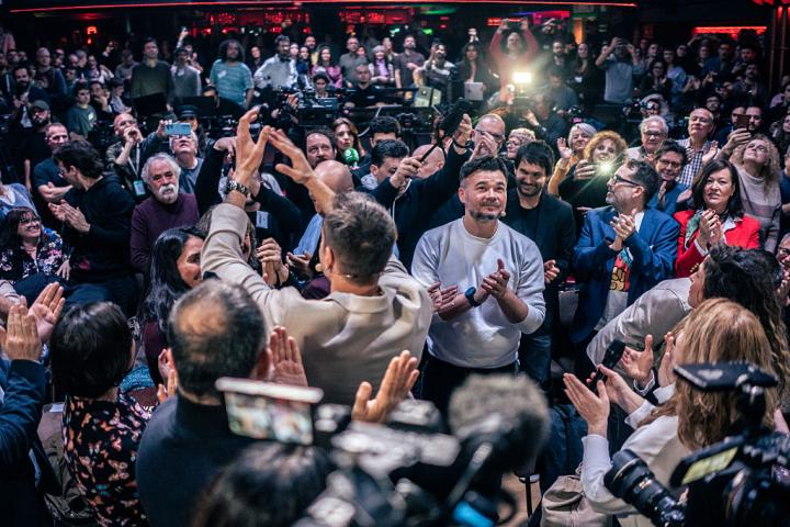 El portavoz de ERC en el Congreso, Gabriel Rufián, durante un diálogo sobre el futuro de la izquierda alternativa con el líder de Más Madrid, Emilio Delgado, enl 18 de febrero de 2026 en Madrid.