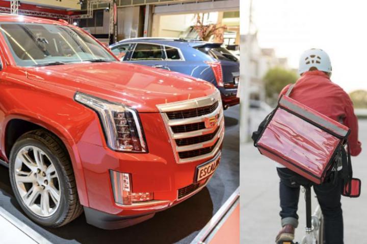 Una imagen de archivo de un rider y un Cadillac Escalade rojo