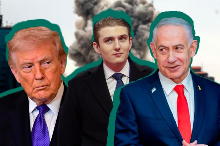 Fotomontaje con el presidente de EEUU, Donald Trump, su hijo menor, Barron, y el primer ministro israelí, Benjamin Netanyahu; sobre un fondo de un bombardeo en Teherán (Irán).