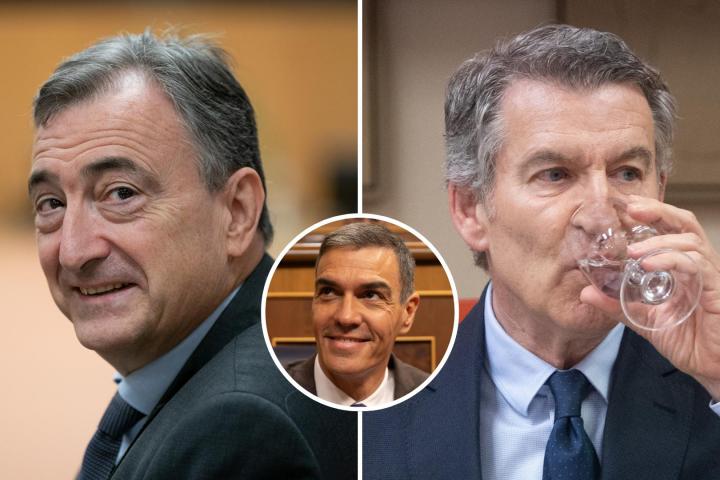 El líder del PNV, Aitor Esteban, y el presidente del Partido Popular, Alberto Núñez Feijóo; con un detalle del presidente del Gobierno, Pedro Sánchez; en respectivas imágenes de archivo.