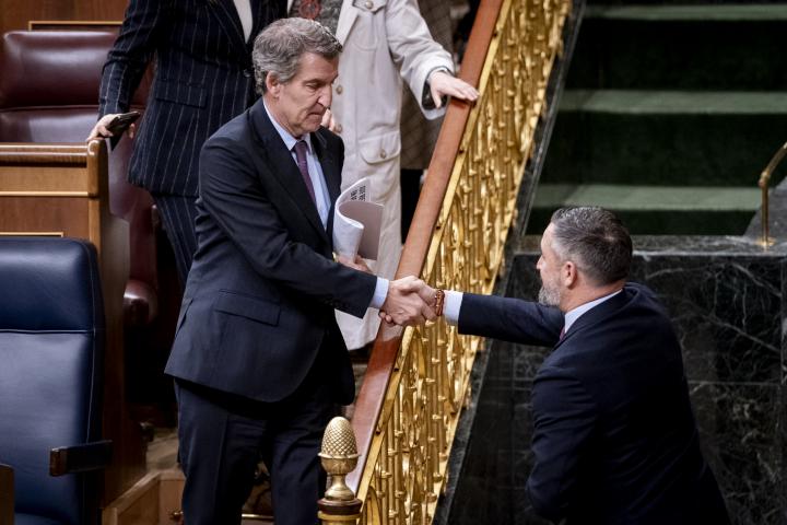 El presidente del Partido Popular, Alberto Núñez Feijóo, y el líder de Vox, Santiago Abascal.