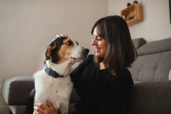 front view of an adult woman with her dog at home hugging
