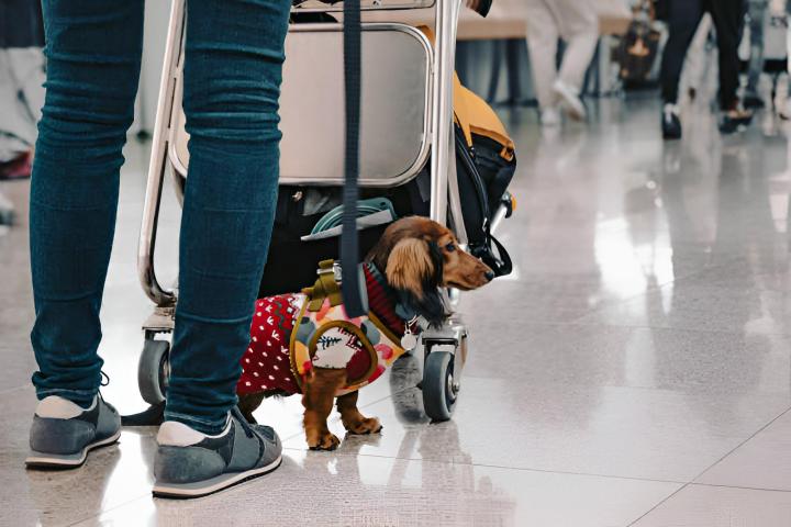 Un pequeño perro salchicha permanece atento junto a su dueño en una terminal concurrida de aeropuerto con gente caminando al fondo.