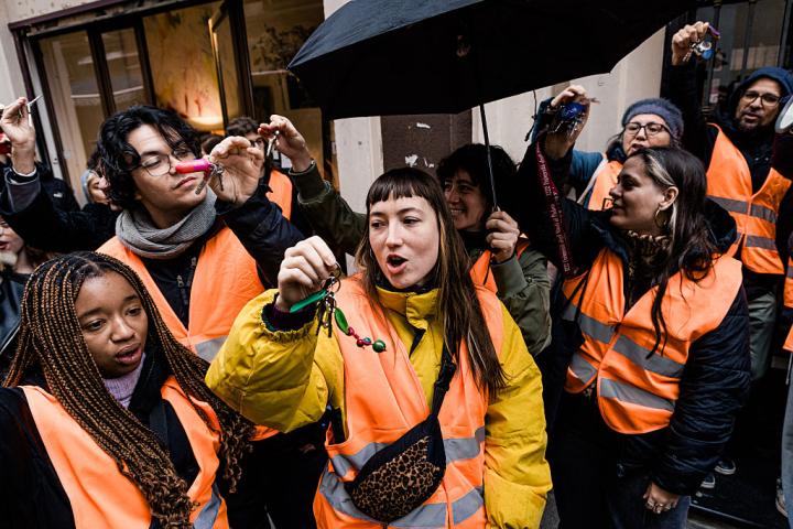 Militantes del Sindicato de Inquilinas de Madrid participan en una protesta a finales de enero de 2026
