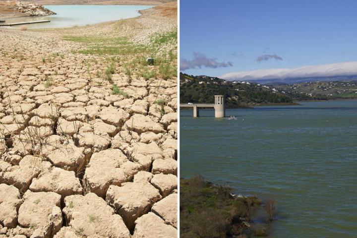 Un pantano seco durante la sequía y lleno después