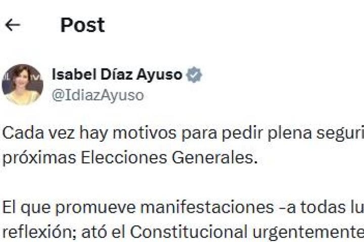 El tuit de Isabel Díaz Ayuso.