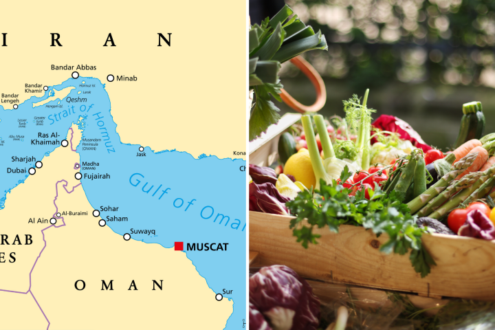 Mapa del estrecho de Ormuz y cesta de alimentos.