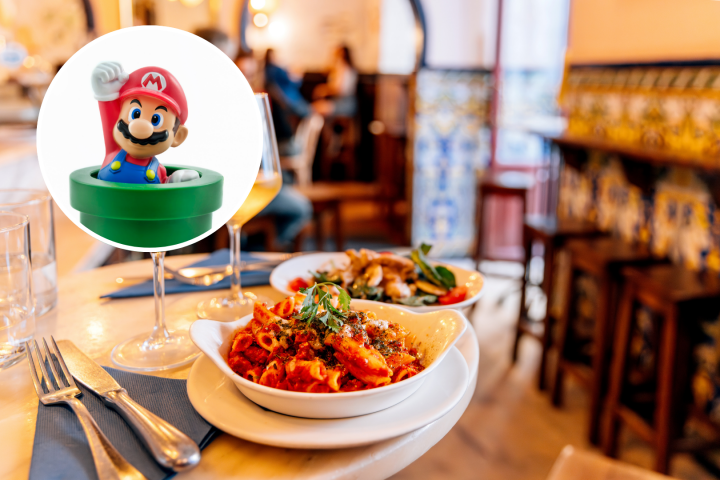 Montaje con una foto de un restaurante italiano y el personaje Super Mario.