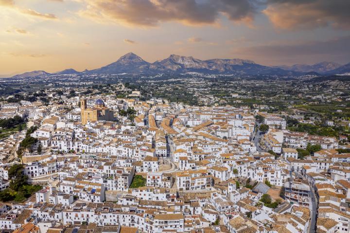 Touristic town of Altea in Alicante and church with Sierra de Bernia mountain in the south east of Spain.