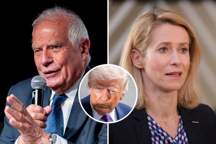Montaje con imágenes de archivo del ex alto representante para la Unión Europea Josep Borrell y su predecesora, Kaja Kallas; con un detalle del presidente de EEUU, Donald Trump, en el círculo.