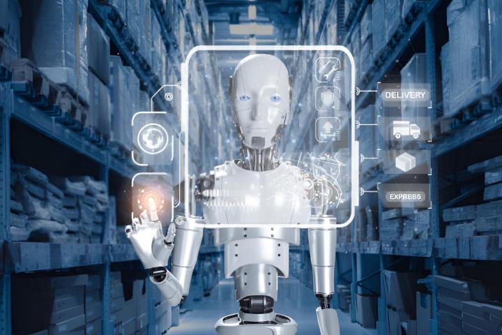 Un robot de inteligencia artificial trabajando en un almacén