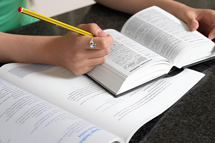 Una estudiante con el diccionario abierto apuntando cosas