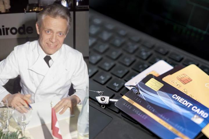 Una imagen de archivo del chef suizo Fredy Girardet y otra de unas tarjetas de crédito que son objeto de un fraude bancario