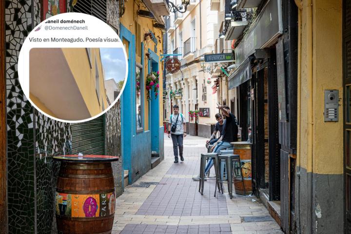 Montaje de una calle con bares y el tuit de Danel Doménech.