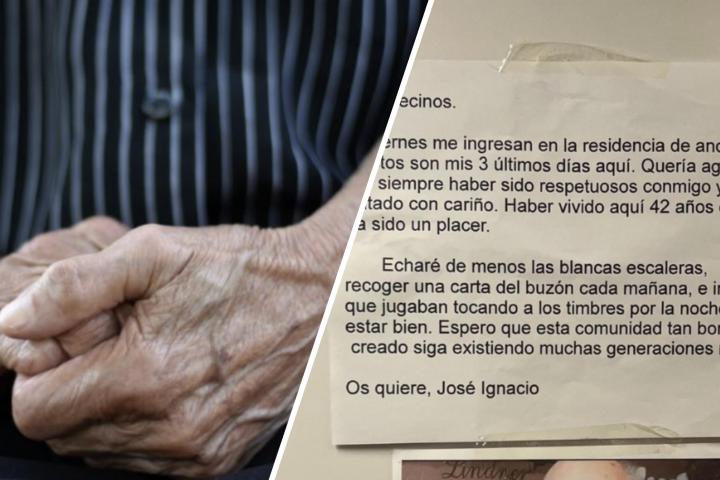 Cartel vecinos y la mano de un anciano
