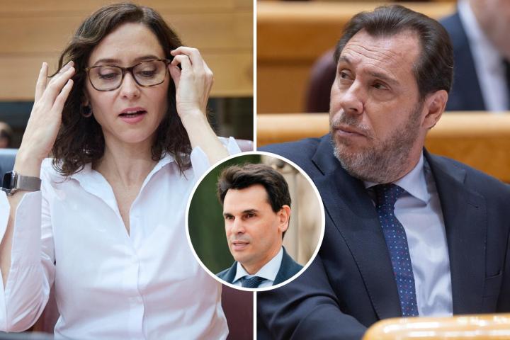 Imágenes de archivo de la presidenta madrileña, Isabel Díaz Ayuso, el ministro de Transportes, Óscar Puente, y el empresario Alberto González Amador (en el círculo).