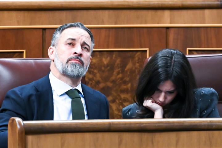El líder de Vox, Santiago Abascal, y la portavoz parlamentaria en el Congreso, Pepa Millán; en una imagen de archivo en el hemiciclo.