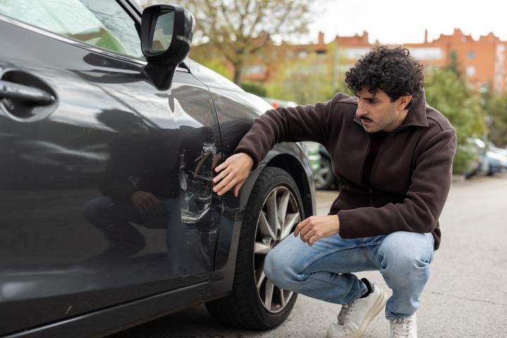 Un conductor mira un rasguño de su coche