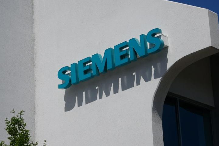 Close-up of sign with logo for industrial automation company Siemens at Silicon Valley headquarters in Mountain View, California, May 3, 2019. (Photo by Smith Collection/Gado/Getty Images)
