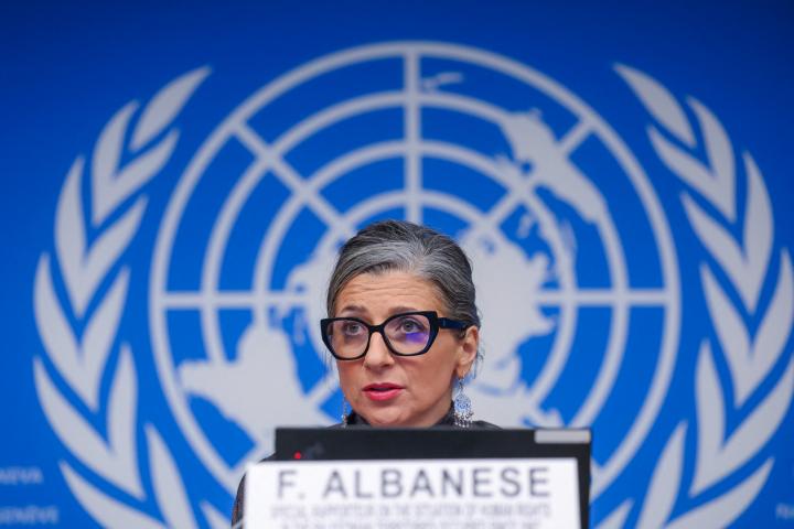 Francesca Albanese, UN special rapporteur on human rights in the Palestinian territories, attends a press conference during a session of the Human Rights Council in Geneva, Switzerland, March 24, 2026. REUTERS/Denis Balibouse