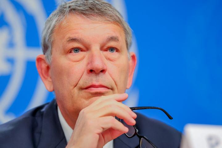 El Comisionado General de la UNRWA, Philippe Lazzarini, en su rueda de prensa de despedida en Ginebra (Suiza), el 31 de marzo de 2026.