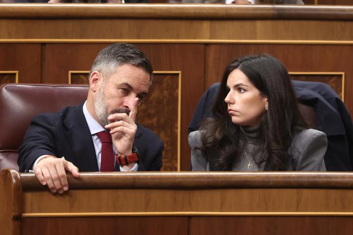 El presidente de Vox, Santiago Abascal, y la portavoz parlamentaria de la formación en el Congreso, Pepa Millán; en una imagen de archivo.