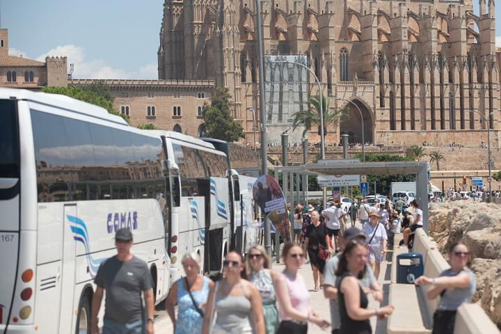 02 August 2025, Spain, Palma: Numerous cruise tourists are on their way to visit the city of Palma in Mallorca after disembarking from the bus. Around 15,000 cruise passengers are arriving at the port of Palma today, in addition to numerous flights arriving in the Balearic Islands this weekend, filling the streets of the city of Palma with tourists on this first weekend in August. Photo: Clara Margais/dpa (Photo by Clara Margais/picture alliance via Getty Images)
