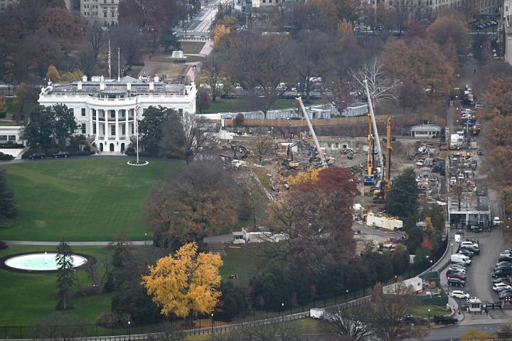 WASHINGTON, DC - NOVEMBER 26: The White House and East Wing construction is seen from the Washington Monument on Wednesday November 26, 2025 in Washington, DC. President Donald Trump wants a ballroom and demolished the East Wing in order to build one. (Photo by Matt McClain/The Washington Post via Getty Images)