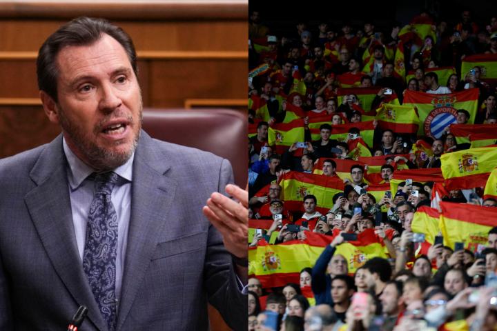 Óscar Puente y una imagen de la afición española en el partido España - Egipto