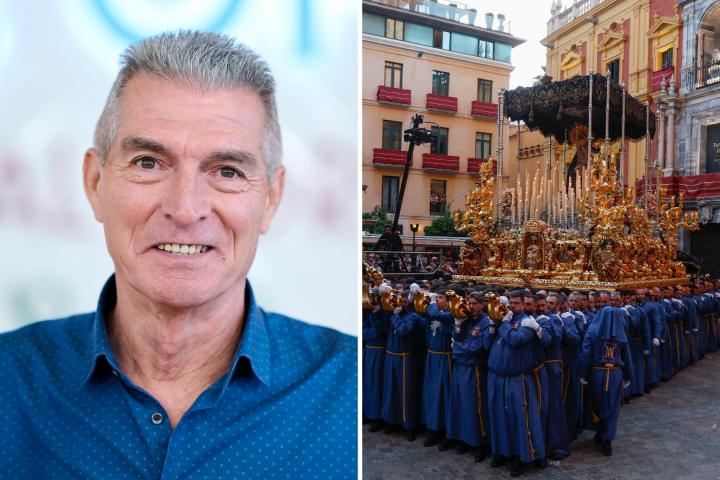 El humorista Manolo Sarria y foto de archivo de la procesión de la Virgen del Amor, de la cofradía de El Rico, en Málaga.