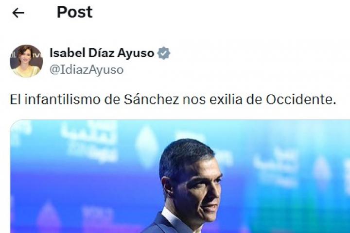 El tuit de Isabel Díaz Ayuso sobre Sánchez.