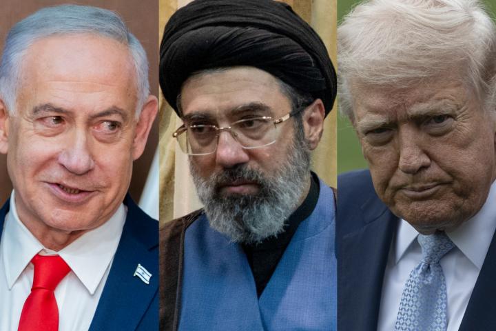 El primer ministro de Israel, Benjamin Netanyahu; el líder supremo de Irán, Mojtaba Jamenei, y el presidente de EEUU, Donald Trump, en imágenes de archivo.