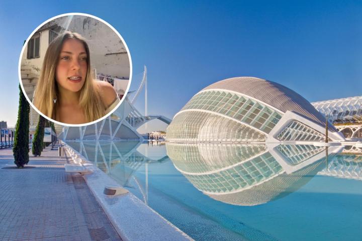 Montaje de la Ciudad de las Artes y las Ciencias de Valencia con la joven estadounidense.