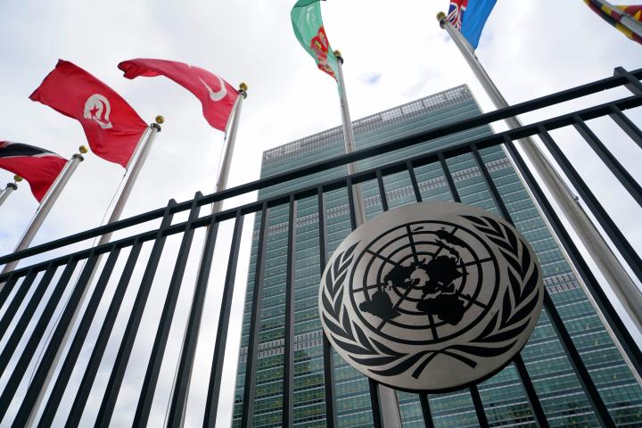 Símbolo de la ONU bajo banderas de numerosos países