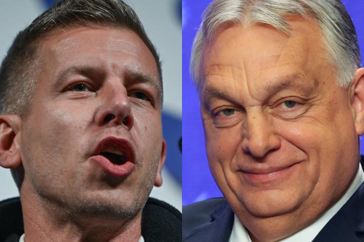 El eurodiputado y líder del partido Tisza, Peter Magyar, y el primer ministro de Hungría y aspirante por Fidesz, Viktor Orban, en sendas imágenes de campaña.