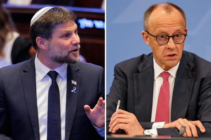 El ministro de Finanzas y líder del partido sionista radical, Belazel Smotrich, y el canciller federal de Alemania, Friedrich Merz; en sendas imágenes de archivo, respectivamente.