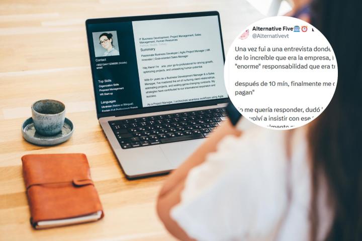 Montaje con una imagen de archivo de un currículum y el tuit viral.