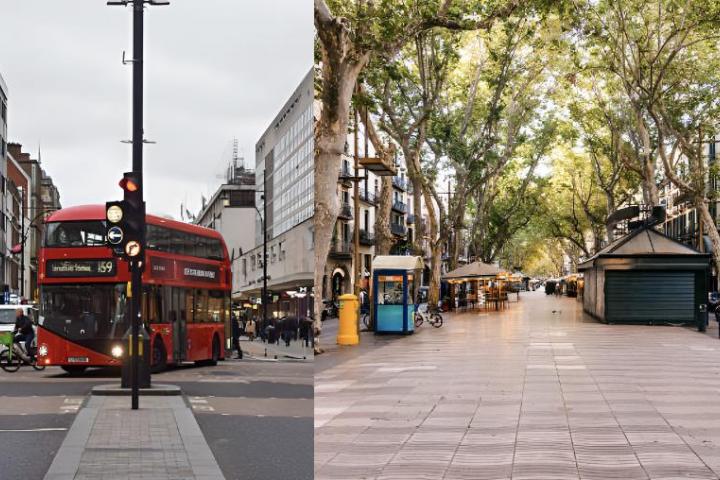 Una imagen de archivo de Oxford Street, en Londres, y otra de La Rambla, en Barcelona.