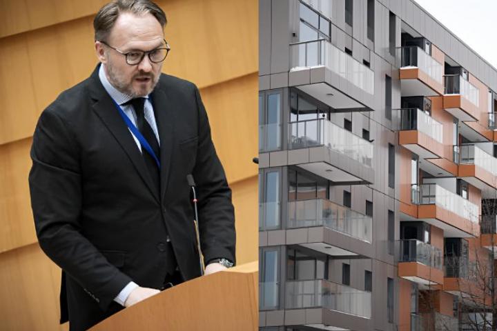 Una imagen de archivo del comisario europeo de Vivienda, Dan Jørgensen, y otra de un edificio residencial