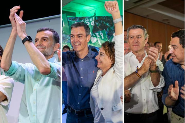 Fotomontaje de Antonio Maíllo; Pedro Sánchez y María Jesús Montero; y Alberto Núñez Feijóo y Juanma Moreno.