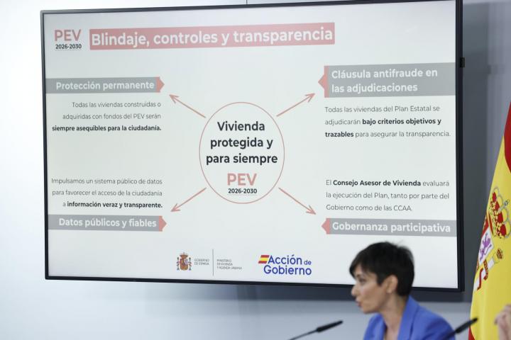 MADRID, 21/04/2026.- La ministra de Vivienda y Agenda Urbana, Isabel Rodríguez, durante la rueda de prensa posterior a la reunión semanal del Consejo de Ministros, este martes, en el complejo del Palacio de la Moncloa. EFE/ Chema Moya