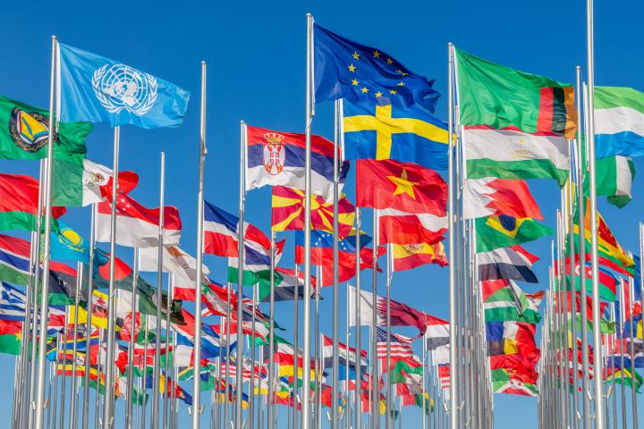 Ramillete de banderas nacionales de todo el mundo, incluyendo la de la ONU.